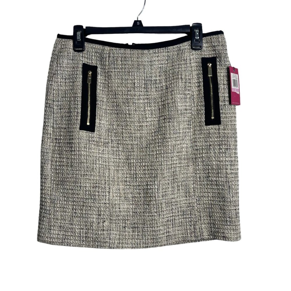 Vince Camuto Women Tweed Lined Black Gold White Zip Pocket Mini Skirt Size 6 NWT